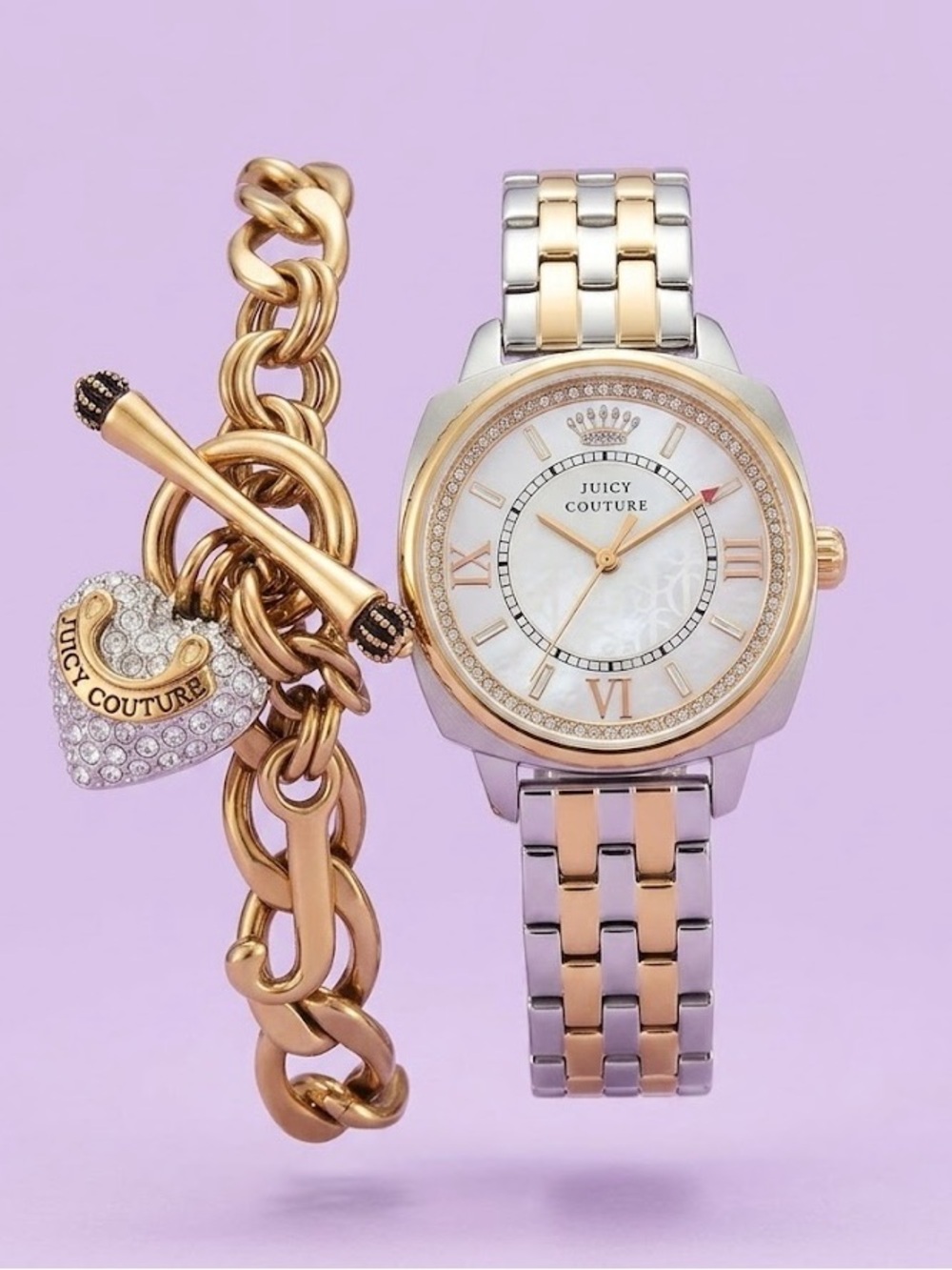 Juicy Couture Two-Tone Gold & Silver Watch with Gold Charm Bracelet set VINTAGE